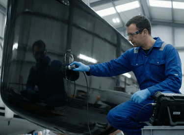 NDT technician performing ultrasonic testing on a yacht hull
