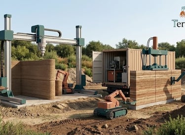 "Concept art showing diverse robotic earth construction: A gantry printer creating a layered wall, a