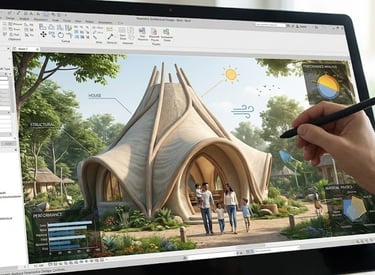 "Concept art shows a designer using a tablet to create a biophilic, shell-shaped home with performan