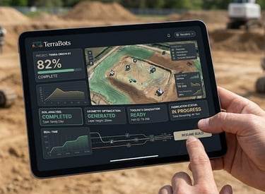 "Close-up of a hand holding a tablet displaying a construction OS dashboard with a site map, real-ti