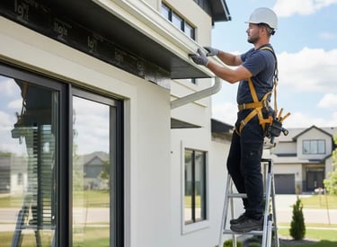 A contractor installing gutter in Riverton