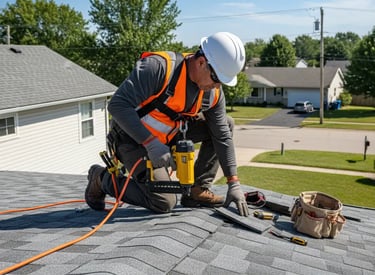 professional roofer repairing shingles on a suburban home roof,