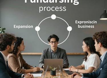 Business consultant discussing financial plans with clients in an office setting.