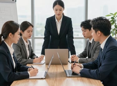 A professional consultant discussing financial plans with clients in a modern office setting.