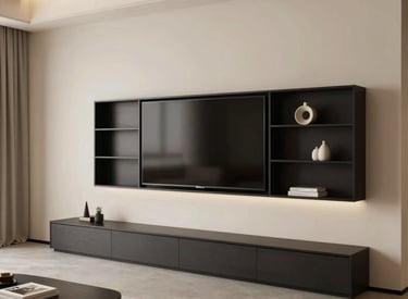 Minimalist bedroom interior featuring bespoke bed frame and soft neutral tones.