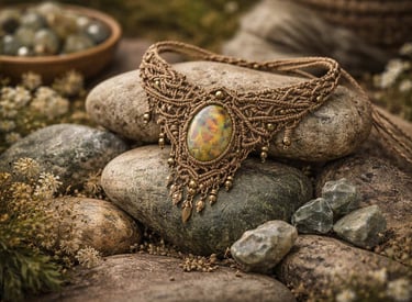 Collar de macramé tejido a mano con pieza montada en el centro, sobre un ambiente natural