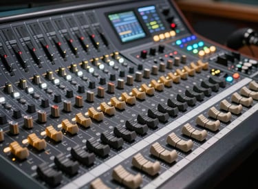 A high-end digital audio mixing console glowing with white and gold indicator lights in a dark, professional radio broadcast booth. Mexican / Latin American modern studio atmosphere.