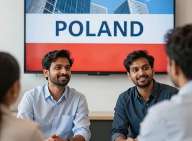 A friendly team meeting in a modern office, discussing plans for Indian professionals moving to Poland.