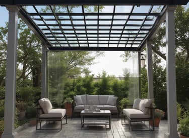 Close-up of a professional cleaning a large glass window with a squeegee on a sunny day.