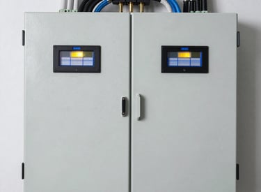 Hands connecting network cables inside a server rack.