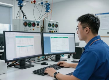 Technician installing structured cabling in an office environment.
