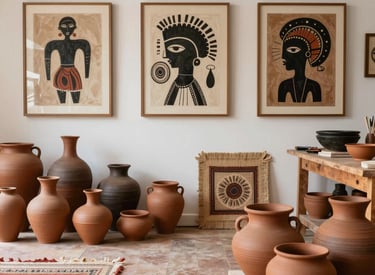 A sleek, minimalist gallery space featuring bold African contemporary artworks under soft, focused lighting.