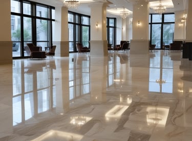 Before and after images of a marble floor restoration in a modern home