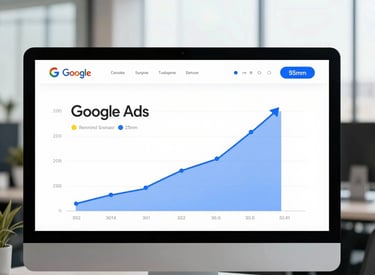 A clean minimalist UI mockup of a Google Ads dashboard showing positive upward conversion trends, bright clean office daylight, professional blue and white tones, sharp focus, 35mm