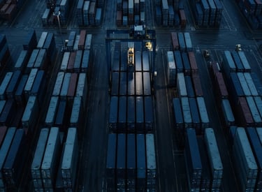 Overhead minimalist view of a highly structured container terminal, cool slate and navy tones, sharp geometric lines, low-key dramatic lighting, 35mm