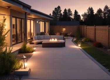 A friendly concrete contractor smiling while smoothing a freshly poured driveway in a sunny suburban neighborhood.