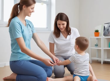 A patient performing guided leg exercises with a physiotherapist in a modern rehab center.