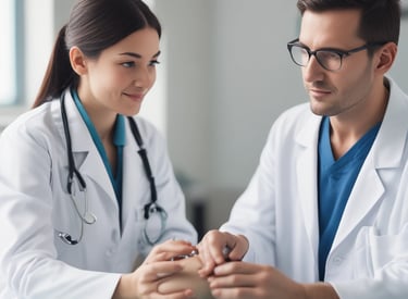 A patient performing guided leg exercises with a physiotherapist in a modern rehab center.