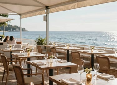 A cozy Scandinavian-style restaurant interior with warm lighting and rustic wooden tables.