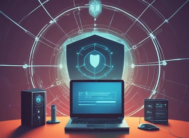 Futuristic circuit board design blending into abstract atomic structures