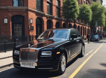 A sleek black Rolls-Royce parked on a London street at night, illuminated by city lights, with a chauffeur standing ready.