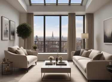 A cozy Mayfair penthouse interior bathed in warm bronze lighting, showcasing elegant furnishings and a city view.