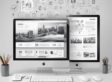 A sleek, modern website layout on a laptop screen with monochrome color scheme.
