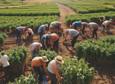 Rows of pear trees with fruit hanging under a clear blue sky.