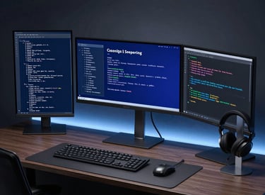 A sleek, modern developer workspace featuring dual monitors, mechanical keyboard, and ambient dark lighting.