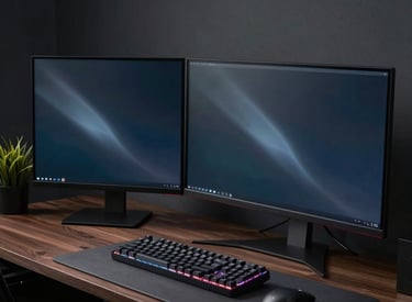A sleek, modern developer workspace featuring dual monitors, mechanical keyboard, and ambient dark lighting.