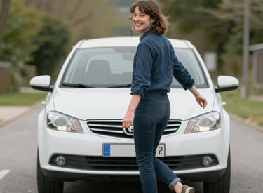 A friendly driving instructor helping a young woman practice driving in a calm suburban street.