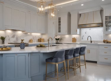 A modern kitchen renovation featuring sleek cabinetry, marble countertops, and warm natural light.