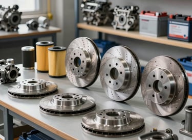 Photo of a mechanic's hands holding a car engine part in a well-organized workshop.