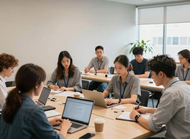 A bright, clean North American office space where a group is engaged in a vocational training workshop. The composition is focused on professional growth, with warm sand and gray-blue tones creating a stable and hopeful atmosphere.