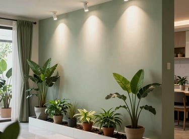 A modern Southeast Asian / Indonesian home interior showcasing sustainable living with energy-efficient lighting and indoor plants, in sage green and off-white tones.
