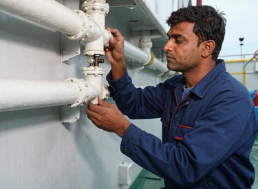 Technician fitting new plumbing pipes along a ship’s interior bulkhead.
