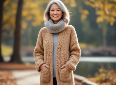 A woman wrapped in a chunky knit sweater, smiling while enjoying a crisp autumn day.