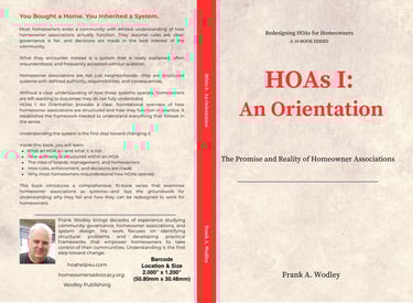 Full book cover for HOAs I: An Orientation by Frank A. Wodley, featuring red and white design and informational text.