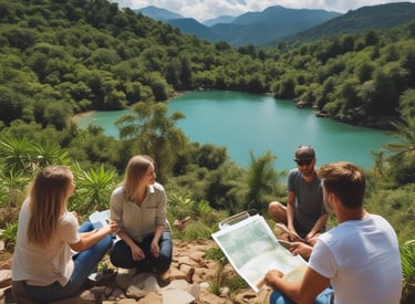 Cyclists riding through scenic countryside trails surrounded by green fields and hills.