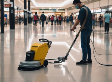 Professional cleaner in uniform polishing a large office floor with a machine.
