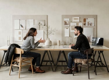Dos profesionales creativos colaboran en un escritorio de madera  en una oficina de estudio