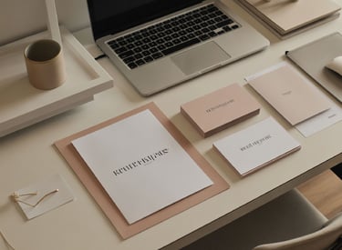 Un escritorio de oficina con una computadora portátil, artículos de papelería de marca