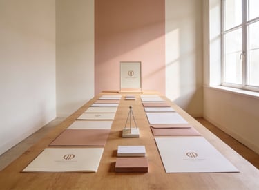 Papelería corporativa elegante y materiales de marca exhibidos en una mesa de madera en un estudio