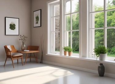 A clean office building with shiny windows reflecting the blue sky.