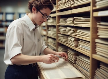An adoption search assistant examining public records in a cozy office setting.