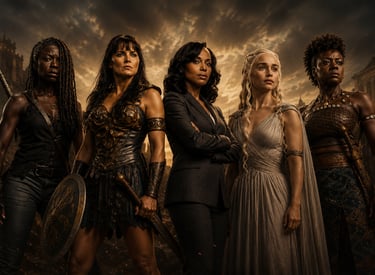 Powerful female warriors and leaders from cinema and television stand together in a dramatic pose.