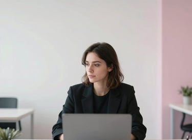 Photography of a modern, minimalist office interior with white walls and soft pink accents. An International / English-speaking professional is seen in soft focus, sitting at a desk with a laptop, exuding a calm and focused atmosphere.