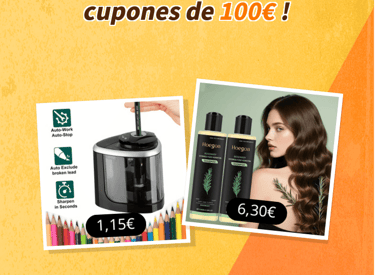 Automatic pencil sharpener and Hoegoo rosemary keratin shampoo bottles with 100 euro coupon offer.