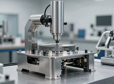 Array of polished metal components laid out on a workbench.