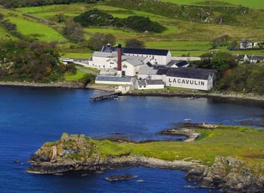 Aerial view of Lagavulin Scotch whisky distillery on the coast of Islay, Scotland.
